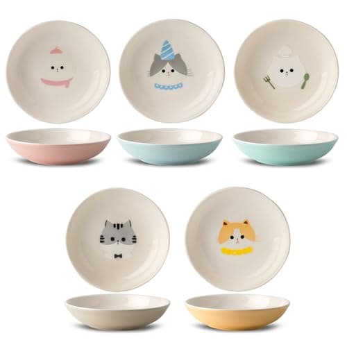 Seyatoo Ceramic Cat Bowls Set - 5.7 inch Wide Cat Food Bowls Whisker Fatigue Friendly, 5 Colorful Kitten Dish Plates with Cute Pattern for Wet and Dry Food Water