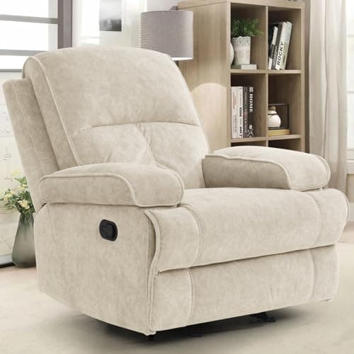 KeyEnergy Manual Rocker Recliner Chair for Adults, High Back Glider with Deep Seat, Upholstered Fabric Armchair for Living Room & Nursery, Beige