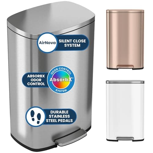 iTouchless 13.2 Gallon Step Trash Can with Lid and Odor Control Filter, Stainless Steel Kitchen Garbage Bin with AirNova Silent Lid, 50 Liter, Fingerprint-Proof, Silver