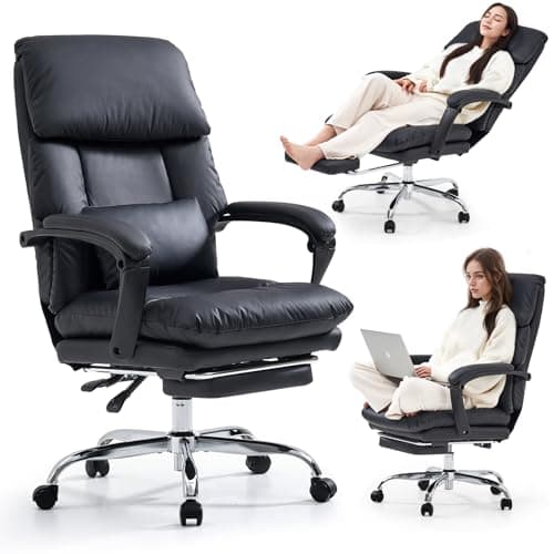 EMIAH Real Leather Office Chair with Foot Rest, Reclining Ergonomic Executive Office Chair with Arms, High Back Comfy Swivel Computer Desk Chairs with Wheels and Lumbar Support for Home Office, Black