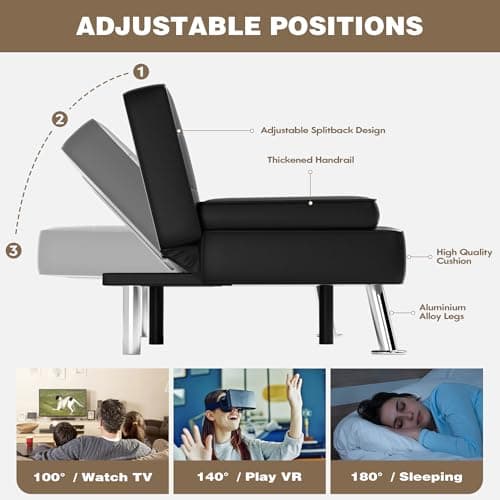 Homall Futon Sofa Bed, Leather Futon Couch with Removable Armrests, Adjustable Recliner Sleeper Sofa Bed with Dual Cup Holders for Living Room, Apartment, Office (Black) 5