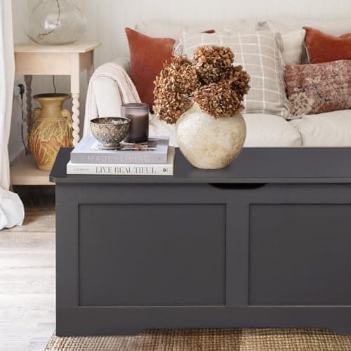 Timberer 39.4" Storage Chest, Wooden Storage Bench, Large Storage Trunk with 2 Safety Hinges, Entryway Shoes Bench for Living Room, Bedroom, Dark Gray 8