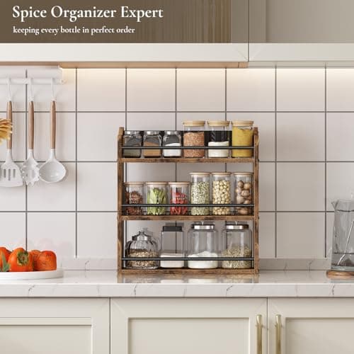 BCOZLUX Spice Rack Wall Mounted, Wood 3 Tier Spice Rack for Countertop, Vertical Spice Organizer for Spice Jars and Seasonings, Hanging Spice Shelf for Kitchen Cabinet, or Pantry, Rustic Brown 3