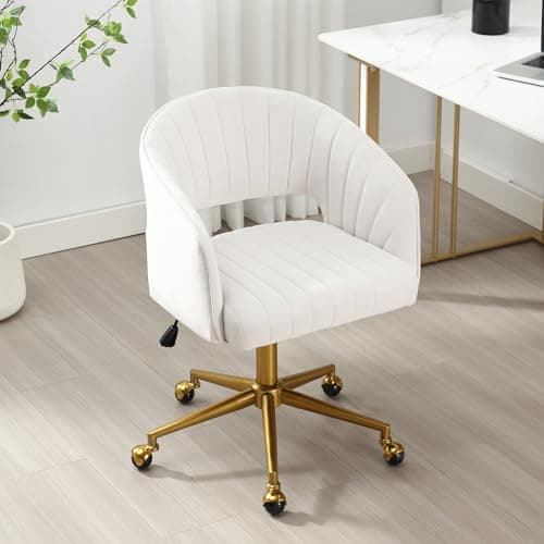 ABET Desk Chair with Wheels, Velvet Home Office Chair, Swivel Armchair Gold Base, Upholstered Modern Accent Chairs, Back Incline Adjustable for Living Room Bedroom Vanity, Off-White Cream 9