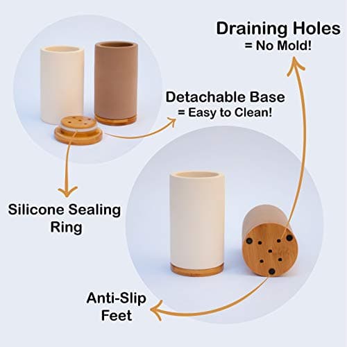 Matani Bamboo Toothbrush Holder Diatomite Tooth Brush Organizer - Storage Stand for Small Bathroom & Counter - Removable Base & Drain Holes, Water-Absorbent & Quick-Drying (Black) 5