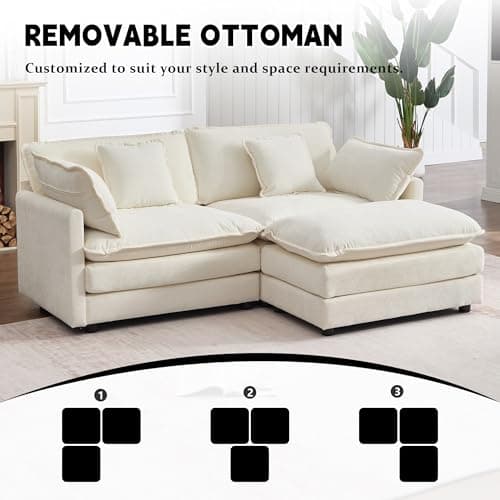 GNIXUU 76.7" Loveseat Sofa with Ottoman, Chenille Modern Cloud Love Seat Couch with Deep Seat, Luxury Modular L-Shaped Couches for Living Room Bedroom Apartment, Small Place(Beige White). 7