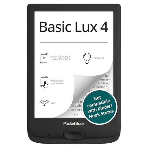 PocketBook Basic Lux 4 E-Book Reader - 6" Glare-Free HD E-Ink Display - Frontlight - Compact & Lightweight Ebooks Reader - Wi-Fi, Ergonomic Buttons - MicroSD Slot - Eye-Friendly Ereader