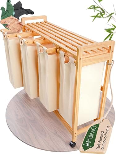 AMBIAVO Laundry Sorter with 4 Sections beige, Hamper with Removable Cotton Bags & Wheels – Perfect Laundry Organizer - Eco-Friendly Rolling Laundry Basket – Durable Bamboo and Stylish Design