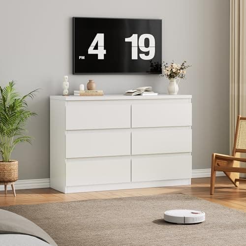 Jocoevol White 6 Drawer Dresser for Bedroom, 15.3" D x 47.2" W x 32.3" H in Simply Modern Chest of Drawers, Wood Storage Double Dresser with Deep Drawers for Living Room, Hallway Entryway, White 7