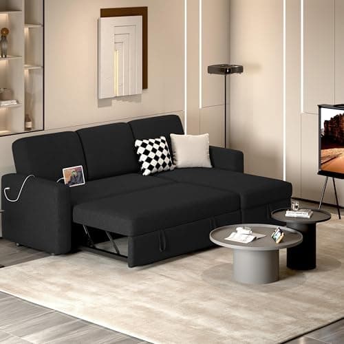 Yaheetech Sectional Sofa L-Shaped Sofa Couch Bed w/Chaise & USB, Reversible Couch Sleeper w/Pull Out Bed & Storage Space Living Room Black 8