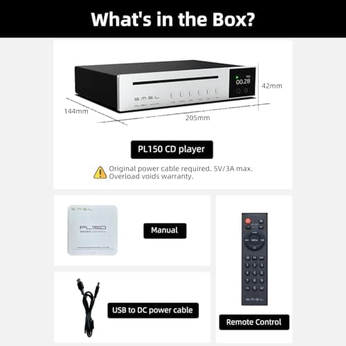 SMSL PL150 CD Player High Power CS43198 D/A chip, Standard/MQA-CD/HDCD CDs, with RCA/3.5mm & 4.4mm Headphone/Optical/Coaxial Output, for Vehicle/Laptop/TV/PC, CD Player Amp with Remote Control(Silver) 8