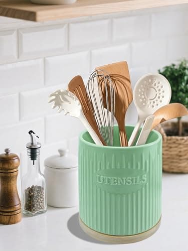 QINSDESIGNS 360° Rotating Utensil Holder, 7.6" Large Ceramic Kitchen Utensil Holder for Countertop with Bamboo Base, Stable Utensil Organizer, Farmhouse kitchen Decor, Green 7