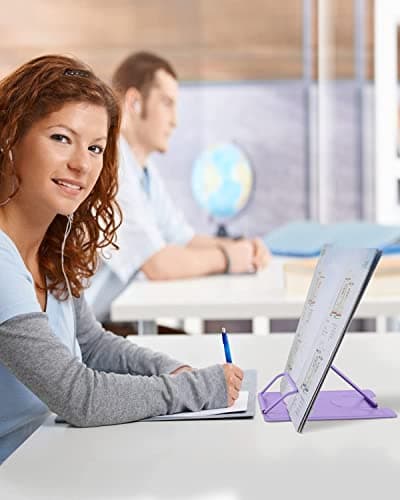 MSDADA Book Stand Metal Reading Rest Book Holder Adjustable Cookbook Documents Holder Portable Sturdy Bookstands for Recipes Textbooks with Page Clips Birthday Gifts for Girls Mom Students(Purple) 7