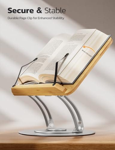 Nulaxy Bamboo 360 Rotating Book Stand for Reading, Adjustable Textbook Holder for Reading, Foldable Desktop Cookbook Stand with Protective Page Clips, Fits All Books - Silver 5