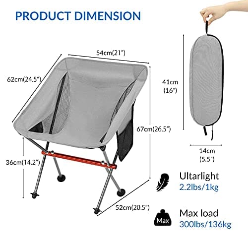 SHALLWE Ultralight Portable Camping Chair,Aviation Aluminum Frame Compact Folding Chairs,300lbs Capacity with Wide Feet and Storage Bag,Suitable for Camping,BBQ,Hiking,Beach,Lawn(Gray) 3