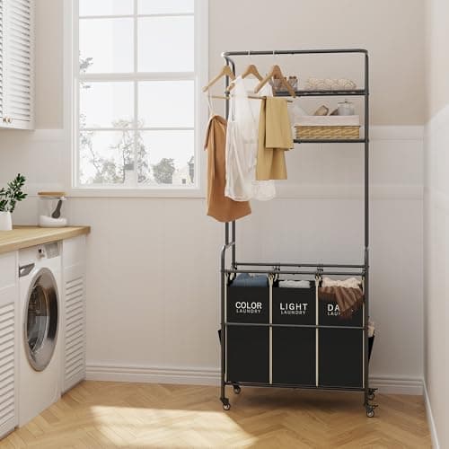 Gewudraw Laundry Sorter 3 Section,Laundry Hamper Cart with Hanging Rack & Removable Bags,Heavy Duty Laundry Basket with Wheels & 2 Tier Shelf,Space-Saving Laundry Basket Organizer for Laundry Room 7