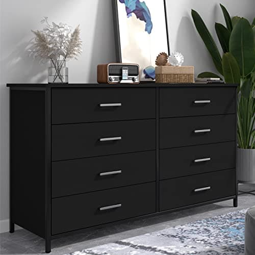 IKENO 8 Drawer Dresser for Bedroom, Industrial Wood Dresser Wide 8 Chest of Drawers, Wooden Storage Organizer Dresser with Sturdy Steel Frame (Black)
