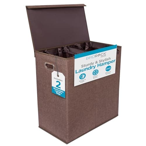 BIRDROCK HOME Laundry Hamper with Lid | Removable Bags for Sorting Clothes | Sectioned Laundry Basket for Bedroom & Bathroom | Collapsible Storage Bin with Cover | Double, Brown