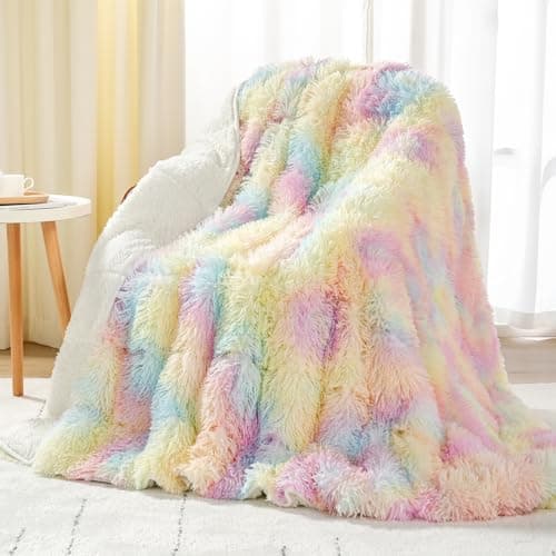 Uttermara Faux Fur Weighted Blanket 15 LBS Twin Full Size, Fluffy Fur Heavy Blanket for Sofa Bed, Super Soft Plush Fleece & Cozy Sherpa Reverse, Luxury Long Fur Adults Bed Blanket, 48" x 72", Rainbow