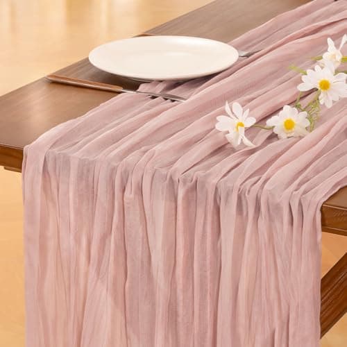 Socomi Pink Cheesecloth Table Runner Easter Spring Boho Rustic Gauze Dusty Pink Farmhouse 120 inch 10FT Cheese Cloth Runner for Wedding Party Baby Shower Birthday Home Decor Holiday Decorations