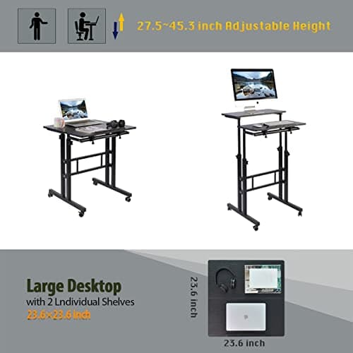 AIZ Double Table Mobile Standing Desk, Adjustable Computer Desk with Rolling Wheels, Portable Laptop Table for Standing or Sitting, Home Office Computer Workstation for Adults or Children 5