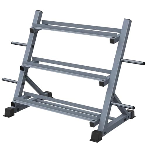 Balelinko 3-Tier 38'' Width Dumbbell Barbell Weight Rack, 1300 lbs Weight Capacity Storage Stand with Reinforced Tube for Home Gym, Bonus 4 Barbell Holders and 4 Pcs 1" Spring Lock Collars,Gray