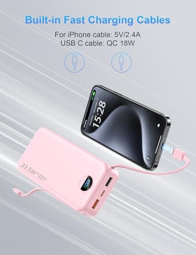 Ffnpua Portable Charger with Wall Plug, 20000mAh USB C Power Bank Fast Charging, External Battery Pack with Built in Cables, Digital Display, 5 Output 2 Input for iPhone Android Cell Phone Tablet 5