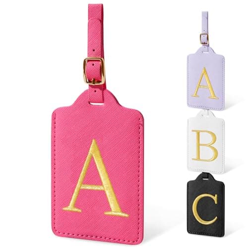 Initial Luggage Tags for Suitcases, Cute Embroidered Letter Luggage Bag Suitcase Identifier Name Baggage Tag, PU Leather Travel Luggage Tags, Bag Tags for Men Women Kids Luggage Handbags(Rosered A)