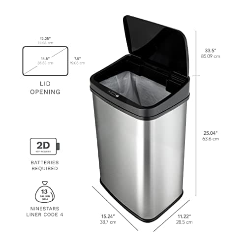Ninestars Automatic Touchless Infrared Motion Sensor Trash Can, 13 Gal 50L, Stainless Steel Base (Rectangular, Black Lid), Black Trim 5
