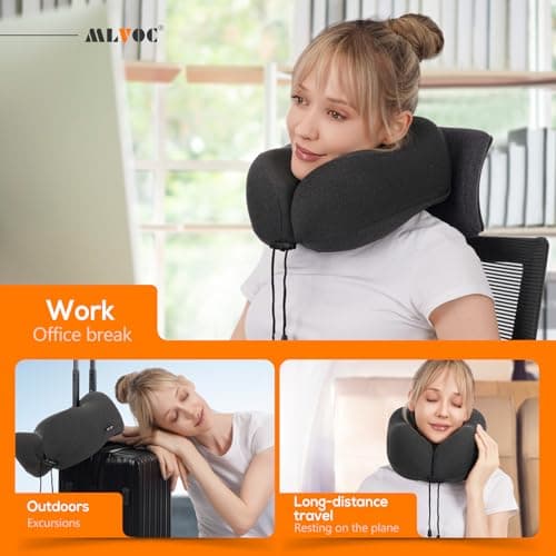 MLVOC Neck Pillow for Traveling, Upgraded 100% Pure Memory Foam Travel Neck Pillow for Airplane Flight Sleep, Breathable & Machine Washable Cover, Travel Kit with 3D Eye Mask, Earplugs & Bag, Black 6