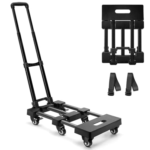KEDSUM 550 LBS Folding Hand Truck with 6 Wheels(2 with Brake), Collapsible Dolly Cart with Wheels, Thickened Upgraded Steel Trolley Cart for Easy Moving, No-Assembly, with 2 Lashing Straps