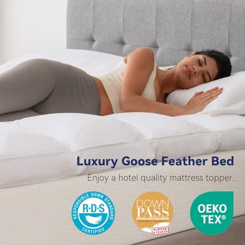 LeWinBedding 3 Inch White Goose Feather Mattress Topper,California King Size Feather Bed Topper,Mattress Cover with Straps,Ultra Soft Pillowtop,100% Cotton Fabric(72”x84”) 5