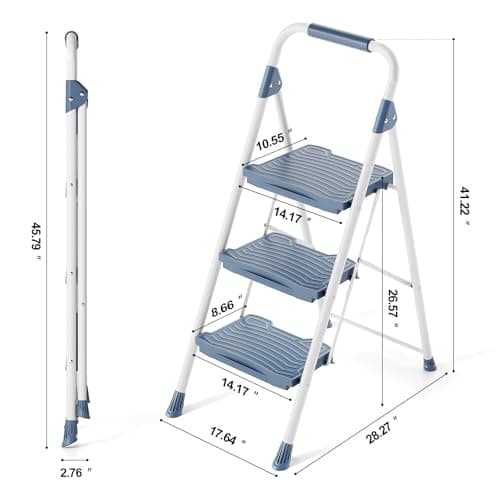 KINGRACK 3 Step Ladder, 900lbs Sturdy Step Stool with Handrail, Non-Skid Wide Pedals, Foldable 3 Stepladder with Safety Locking for Home, Garage, Garden, Office, Blue 7