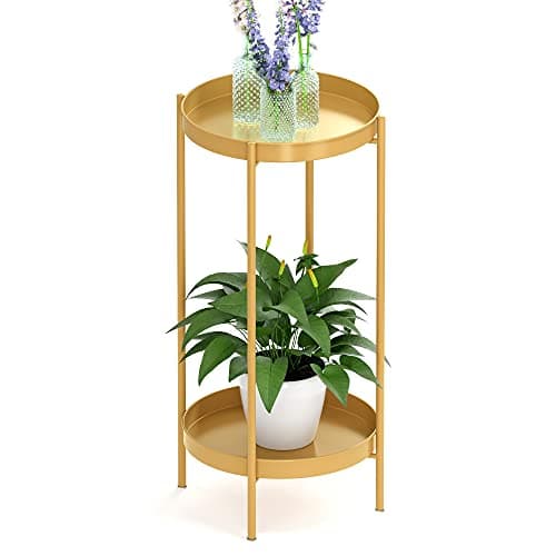 OVICAR Plant Stand Indoor Outdoor - Flower Pot Holder Metal Plant Rack Organizer, 2 Tiers Tall Plant Display Storage Shelf Table For Home Garden Patio Bathroom Office Living Room Balcony Corner (gold)