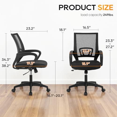 BestOffice | Ergonomic Office Chair | Mid-Back Swivel Desk Chair | Breathable Backrest & Lumbar Support | Adjustable Height | Sponge Seat | Rolling Wheels | Dark Black | for Adults & Women 7