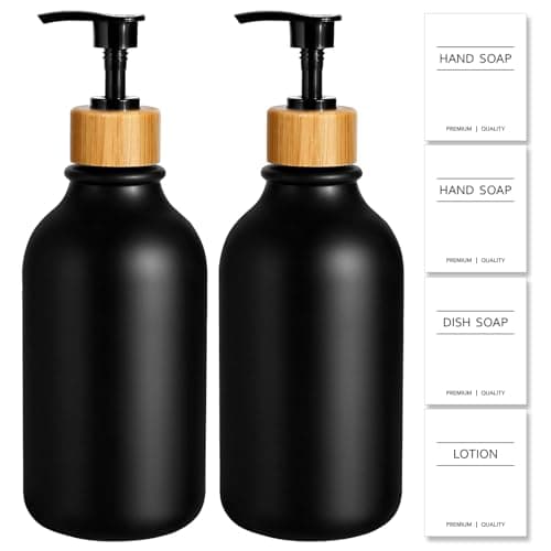KASUNTING Hand Soap Dispenser Bathroom, Black Dish Soap Dispenser for Kitchen, 17 Fl Oz Plastic Hand and Dish Soap Dispensers Set with Bamboo Pump, 2 Pack Refillable Liquid Lotion Containers Bottle