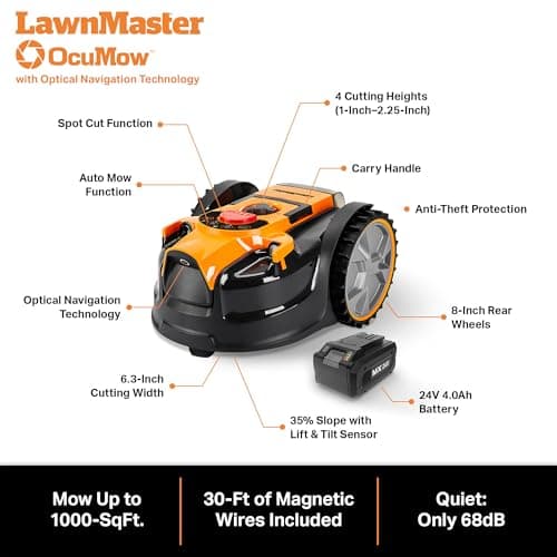 LawnMaster OcuMow™ Perimeter Wire Free Robot Lawn Mower Cuts Small Lawns 1000-2000 Square Feet with Optical Navigation, Obstacle Avoidance, Low Noise and No Go Function 7