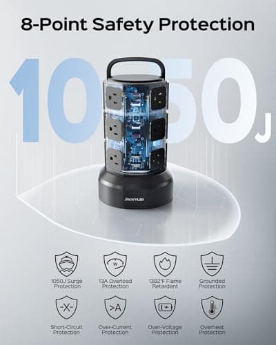 Power Strip Tower Surge Protector, JACKYLED 12 Outlets 6 USB (2 USB C) Charging Station, Extension Cord with Multiple Outlets, 1050J 1625W/13A Outlet Extender 6.5ft Extension Cord for Home Office 8