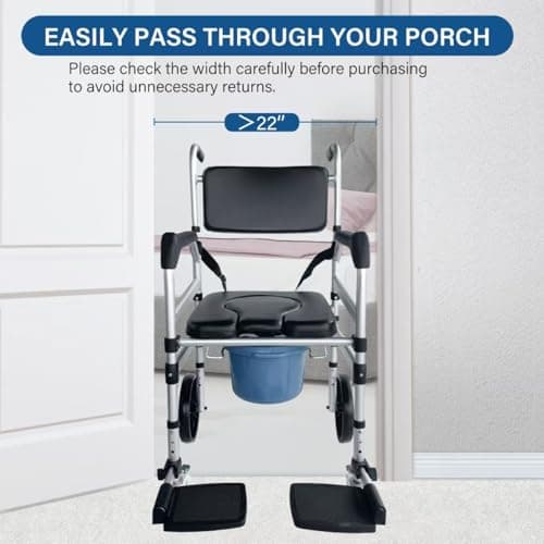 Rolling Shower Chair with Wheels for Elderly and Disabled, Foldable Wheelchair Lightweight Folding, Bedside Commode Chair with Arms for Toilet (Black) 7