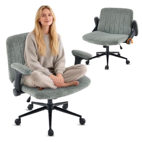 VINGLI Criss Cross Chair with Adjustable Flip-Up Arms,Cross Legged Chair with Wheels, Extra Wide Office Chair,Cozy Desk Chair for Home Office, Vanity, Apartment,Chenille Velvet,Dark Green