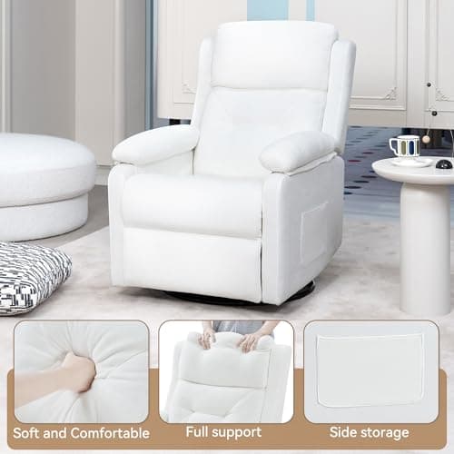 Swivel Rocker Recliner Chair with Adjustable Backrest and Footrest, Ultra-Comfy Fabric Reclining Chair, Glider Recliner with Lumbar Support & Overstuffed Arms, Chairs for Living Room (White) 7