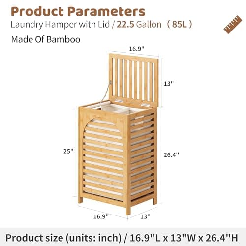 FILWH Laundry Hamper with Lid (16.9 * 13 * 26.5inches) Large Bamboo Laundry Bin Basket 85L Clothes Hamper with 1 Removable Bag Storage baskets for Bathroom(Natural) 7