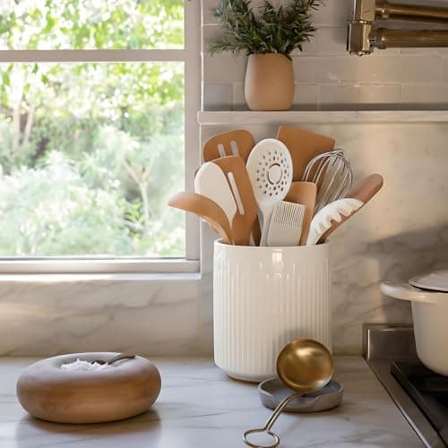 JIEMEI HOME Utensil Holder, 7.2" Large Ceramic Stable Utensil Crock for Kitchen Counter, Utensil Holder with Cork Mat, Removable Bamboo Divider for Easy, Kitchen Decor, White 7