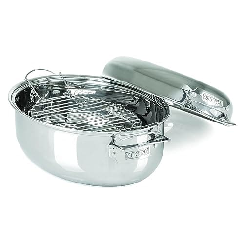 Viking 3-Ply Oval Roasting Pan, 8.5 Quart, Stainless Steel Kitchen Cookware with Metal Induction Lid and Rack, Great for Turkey, Dishwasher and Oven Safe, Silver