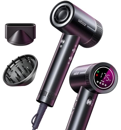 seboar High-Speed Ionic Hair Dryer with Diffuser, Professional LCD Display Thermo-Control Blow Dryer, 1500W Fast Dry, 500 Million Negative Hairdryer, Low Noise, Lightweight for Travel Home Salon
