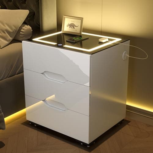 kepptory White Smart Nightstand with Wireless Charging Station & Adjustable LED Lights, High Gloss End Table with 3 Drawers & USB Charging, Bedside Table Organizer for Bedroom Use