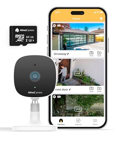 AlfredCamera AlfredCam Plus 2.5K Wi-Fi Smart Home Security Camera,Indoor/Outdoor,IP65 Waterproof,Color Night Vision,64GB SD Card,Baby/Pet Cam,Works App (70M+ Downloads)