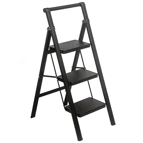 3 Step Ladder MULDWEIR Folding Step Stool with Handle,330lbs Load Capacity,Wide Anti-Slip Pedal,Lightweight, Multi-Use for Household and Office,Kitchen Space Saving