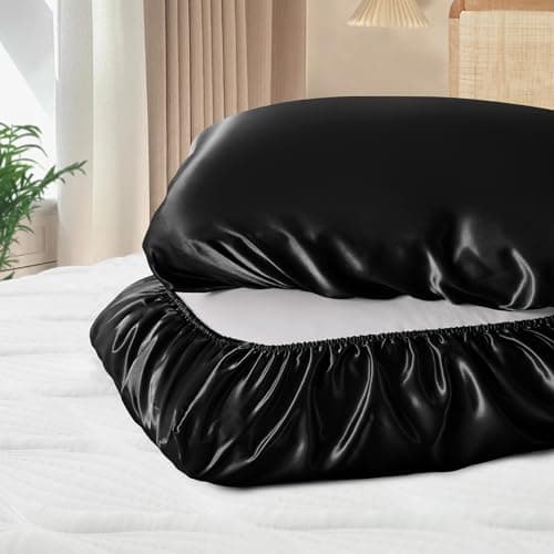 SiinvdaBZX Black Satin Pillowcase Standard/Queen Size Set of 2, Silky Travel Elastic Band Satin Pillow Case for Hair and Skin, Soft Portable & Fit for Various Pillow 7
