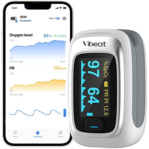 Vibeat Bluetooth Fingertip Pulse Oximeter with Pulse Rate, Blood Oxygen Saturation Monitor | Finger O2 Meter, Batteries and Lanyard Included, Free APP